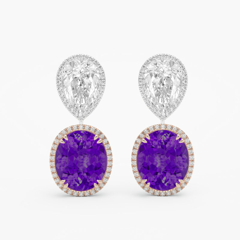 Oval Amethyst and Pear Diamond Earrings - 18K Rose Gold 