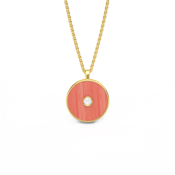 Coral and Diamond Amulet Pendant, 18K Yellow Gold