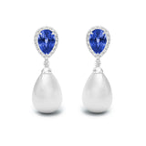 Pear Sapphire, Diamond & Pearl Drop Earrings,18K White Gold