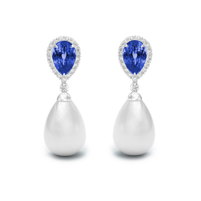 Pear Sapphire, Diamond & Pearl Drop Earrings,18K White Gold