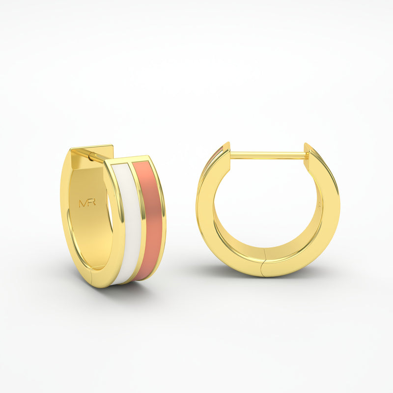  White and coral enamel double band earrings in yellow gold