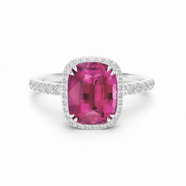 Cushion spinel and diamond platinum engagement ring