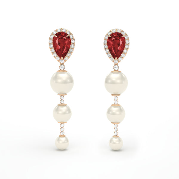 PEAR RUBY, DIAMOND & PEARL Earrings