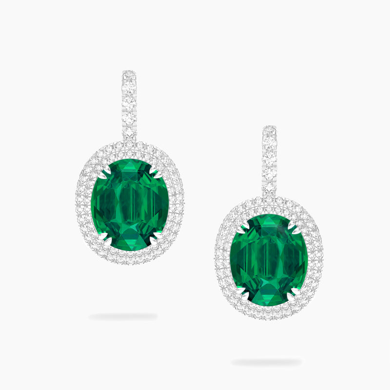 Oval Emerald and Diamond drop Earrings, 18K White Gold