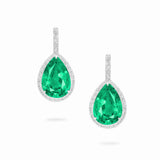 Pear emerald and diamond drop dangle 18k white gold earrings