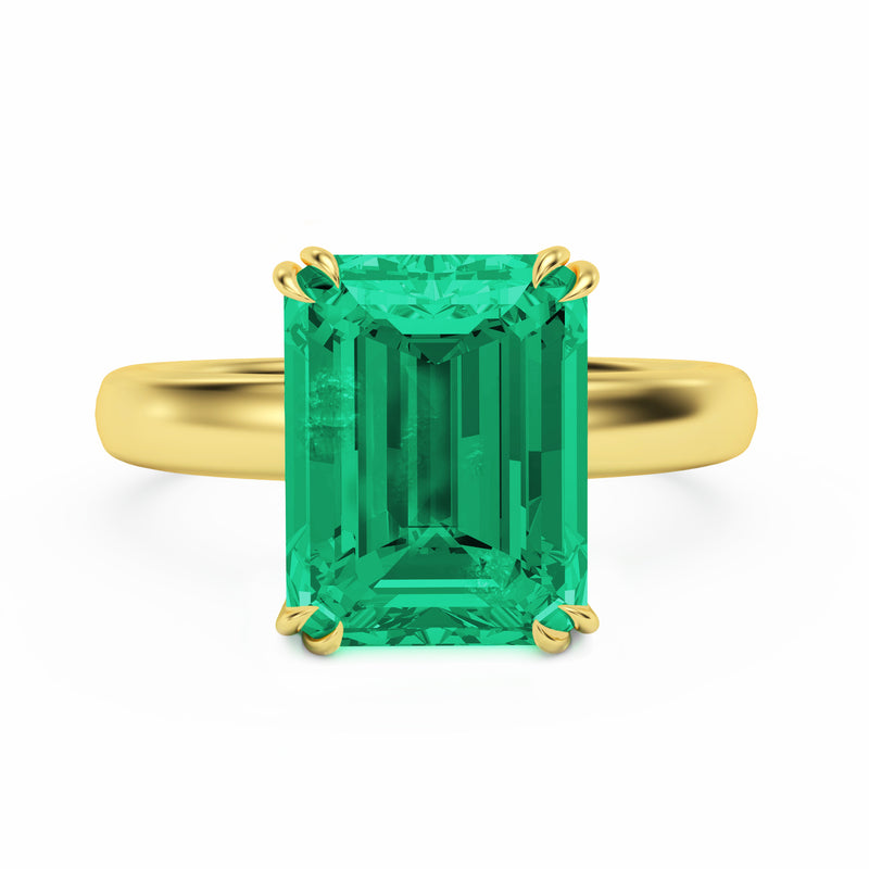 Octagon Emerald claw set solitaire engagement ring, 18K Yellow Gold