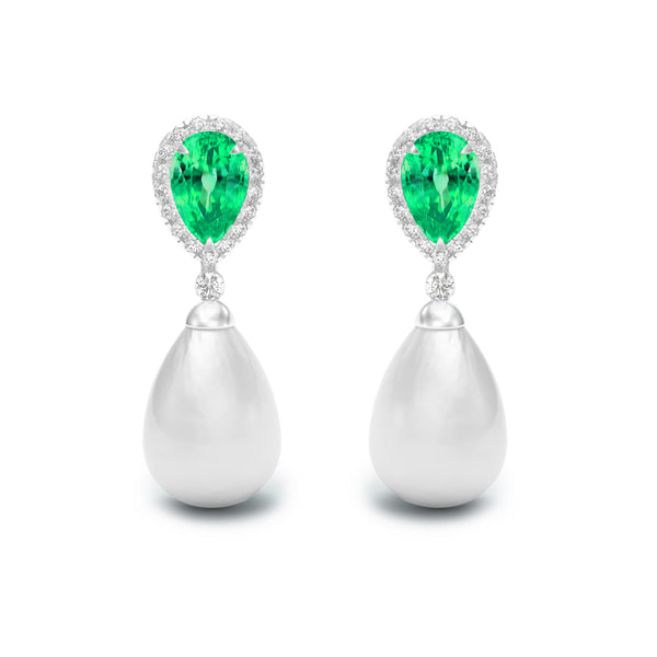 Pear Emerald, Diamond & Pearl Drop Earrings, 18K White Gold