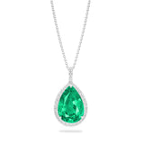 Pear emerald and diamond claw set 18k white gold necklace