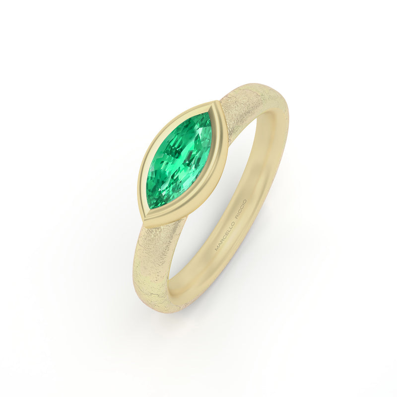 Marquise Emerald Bezel Solitaire Ring, 18K Yellow Raw Gold