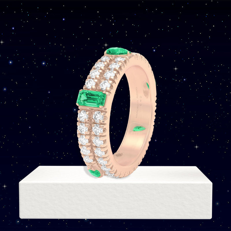 emerald and diamonds double band eternity ring ivy collection, 18k rose gold