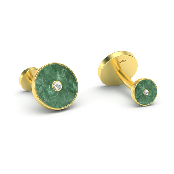 Jade and Diamonds Round Cufflinks, 18K Yellow Gold