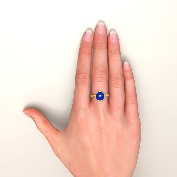 Lapis Lazuli and Diamond Round Bezel Ring, 18K Gold