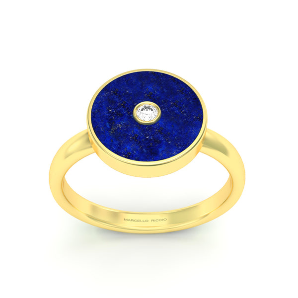 Lapis Lazuli and Diamond Round Bezel Ring, 18K Gold