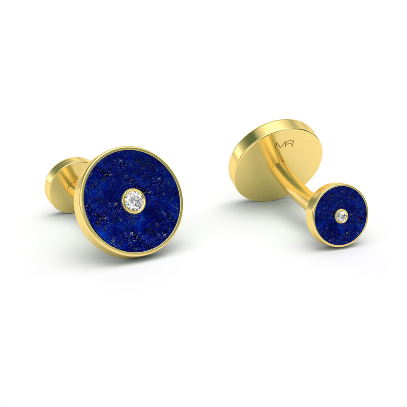 Lapis Lazuli and Diamonds Round Bezel Cufflinks, 18K Yellow Gold