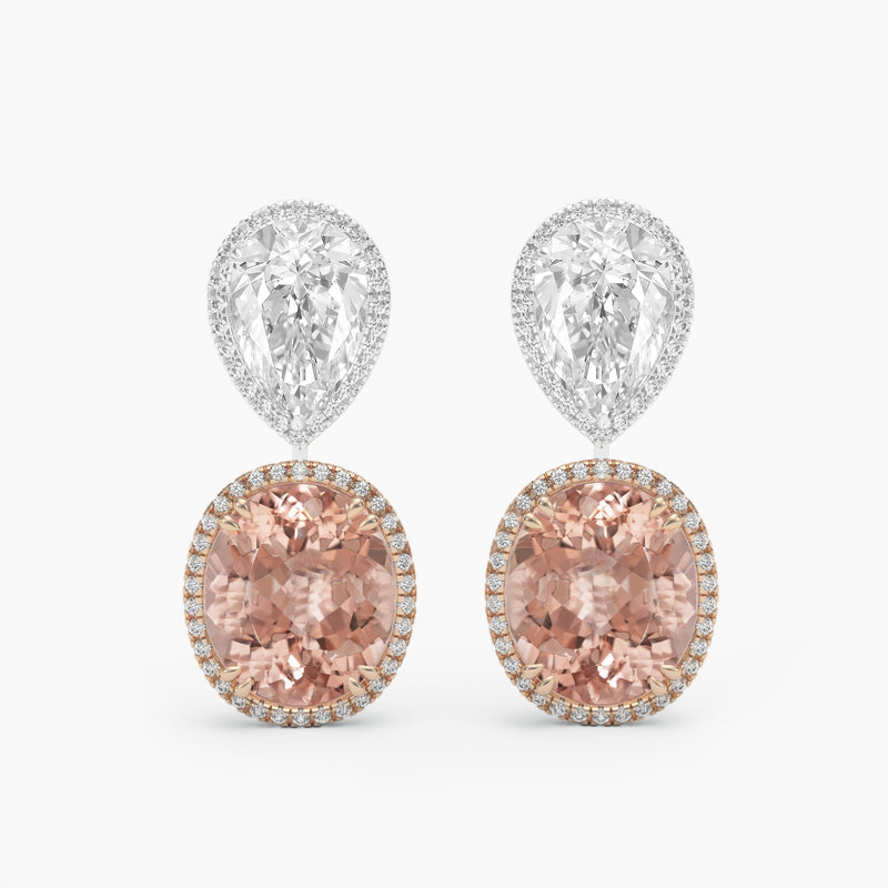 Oval Morganite and pear Diamond dangle Earrings - 18K Rose Gold