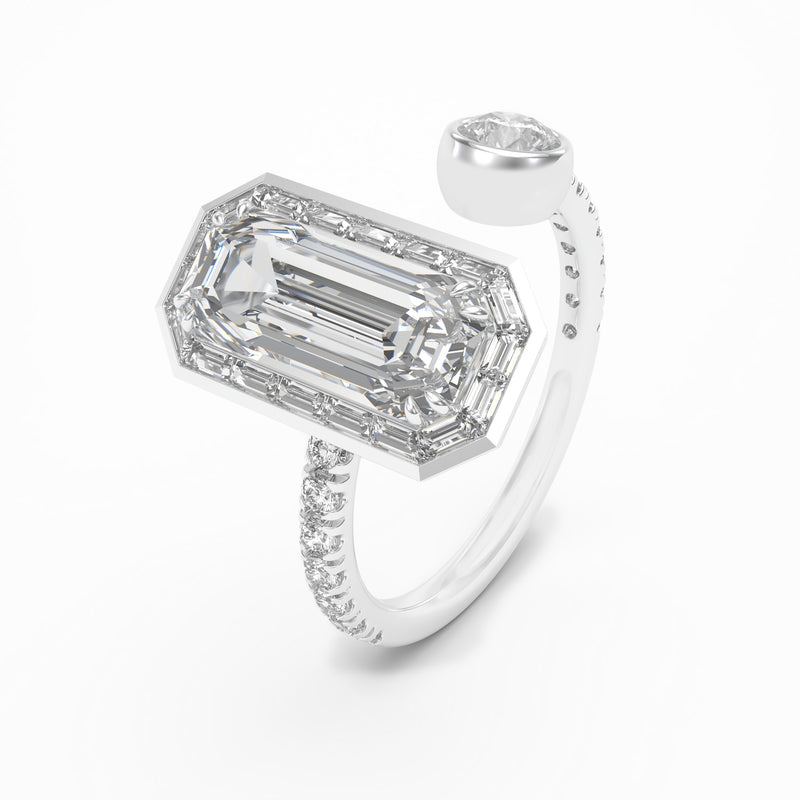 White Sapphire and Diamond Baguette Open Ring, 18K White Gold