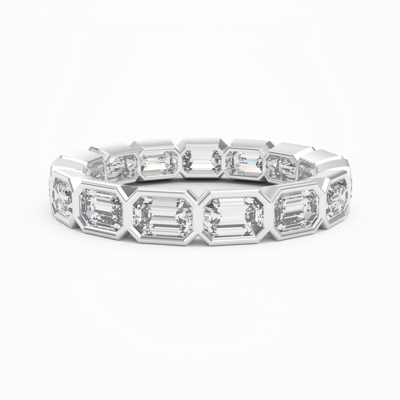 Large Emerald Cut Diamond Bezel Set Eternity Ring, 18K White Gold or Platinum