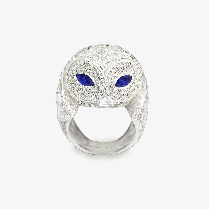 snow owl ring in diamonds and blue sapphire marquise cut in platinum