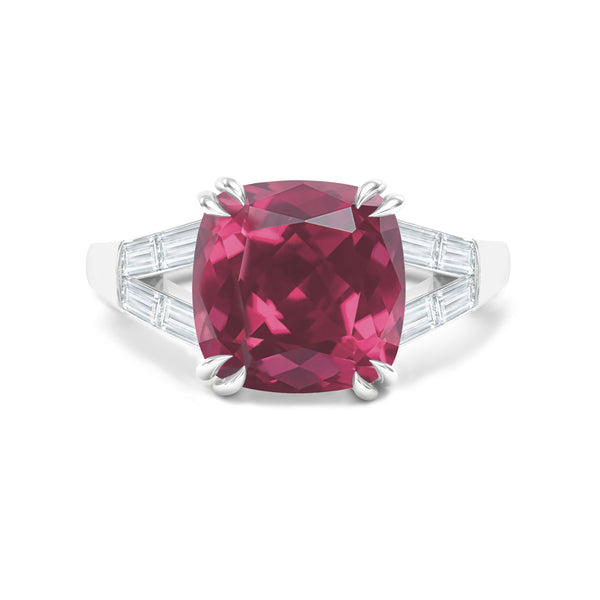 Cushion pink tourmaline and diamond baguette engagement ring