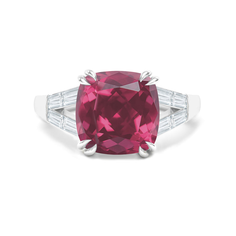 Cushion pink tourmaline and diamond baguette engagement ring