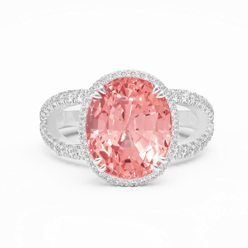 oval Padparadascha pink sapphire and diamonds platinum white gold ring