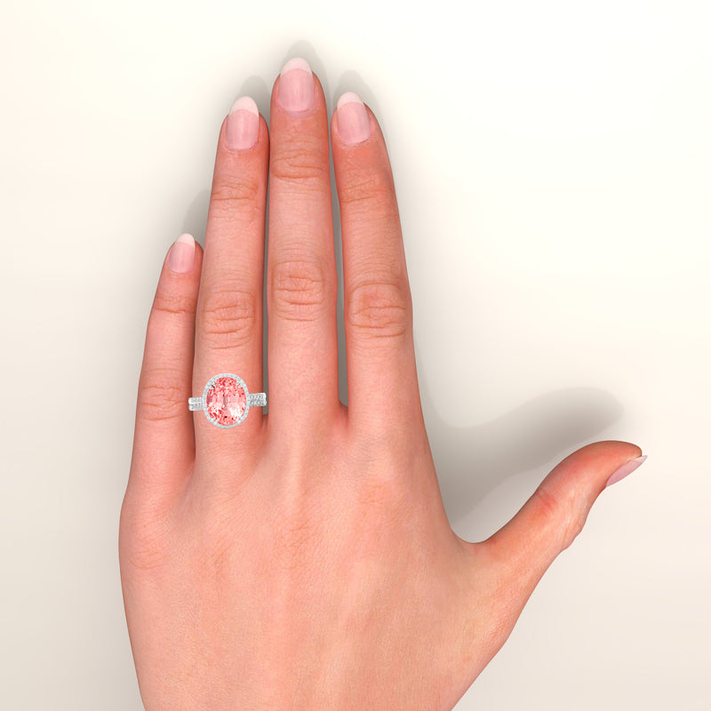 GRS Oval Padparadsha Sapphire & Diamond Ring, 950 Platinum worn on hand