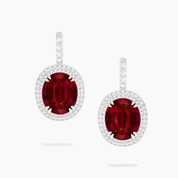 Oval Ruby and Diamond drop Earrings, 18K White Gold 