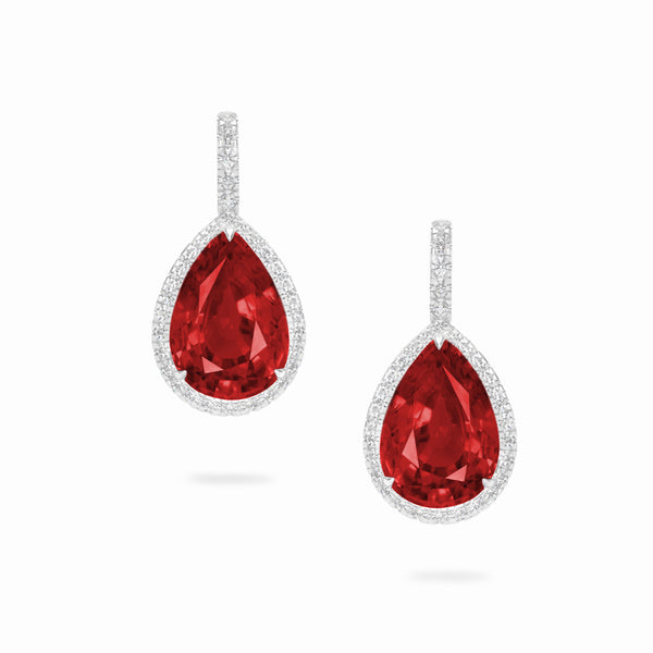 Pear ruby and diamonds drop 18k white gold earrings