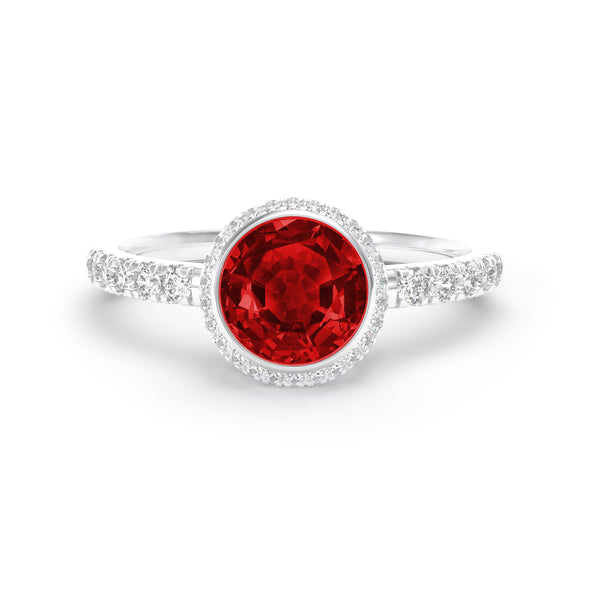 Round Ruby and Diamond Bezel Set Ring, 18K White Gold