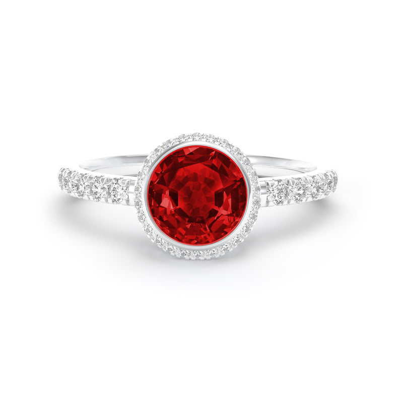 Round Ruby and Diamond Bezel Set Ring, 18K White Gold