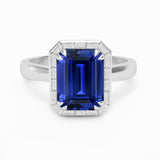 Octagonal emerald cut Sapphire and Diamond Baguette Engagement Ring, Platinum