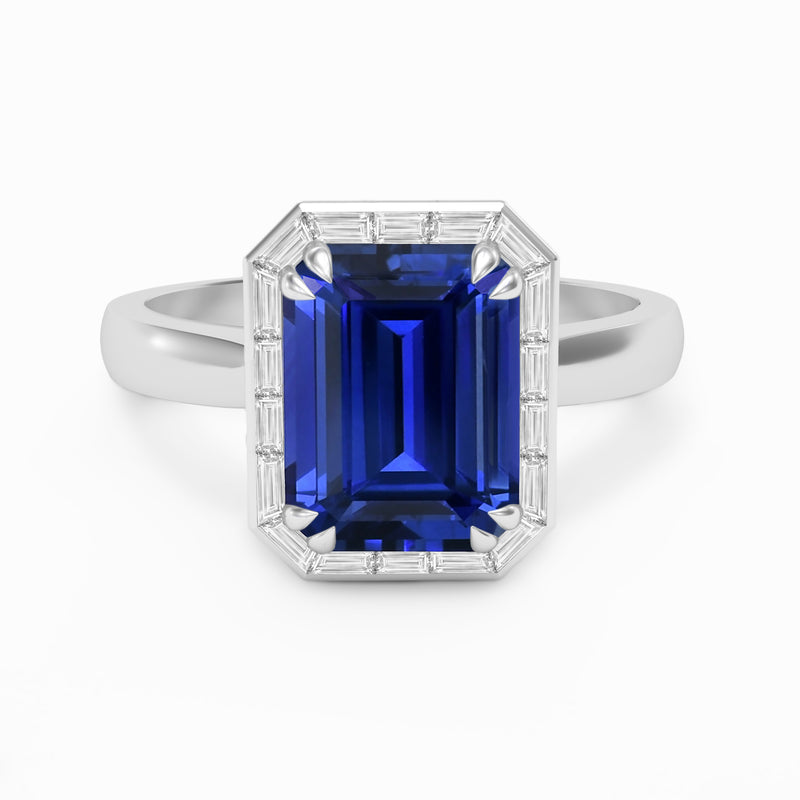 Octagonal emerald cut Sapphire and Diamond Baguette Engagement Ring, Platinum