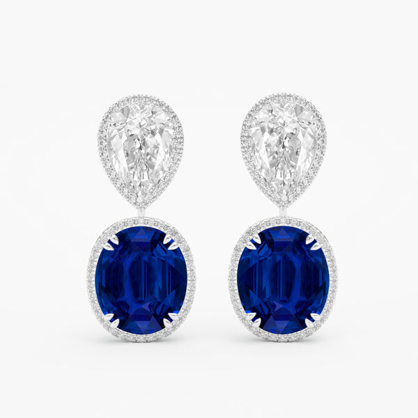 Oval Sapphire and Diamond dangle Earrings, 18k White Gold