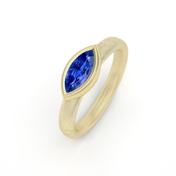 Marquise blue sapphire solitaire raw 18k yellow gold ring