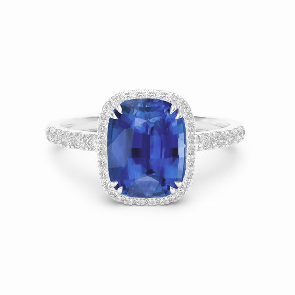 Cushion sapphire and diamond platinum engagement ring