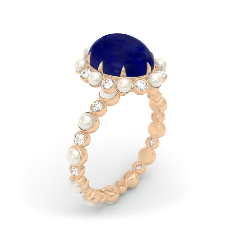 CABOCHON SAPPHIRE, DIAMOND & PEARL Ring