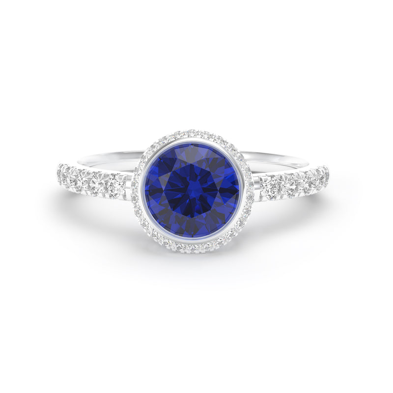 Round Sapphire and Diamond Bezel Set Ring, 18K White Gold