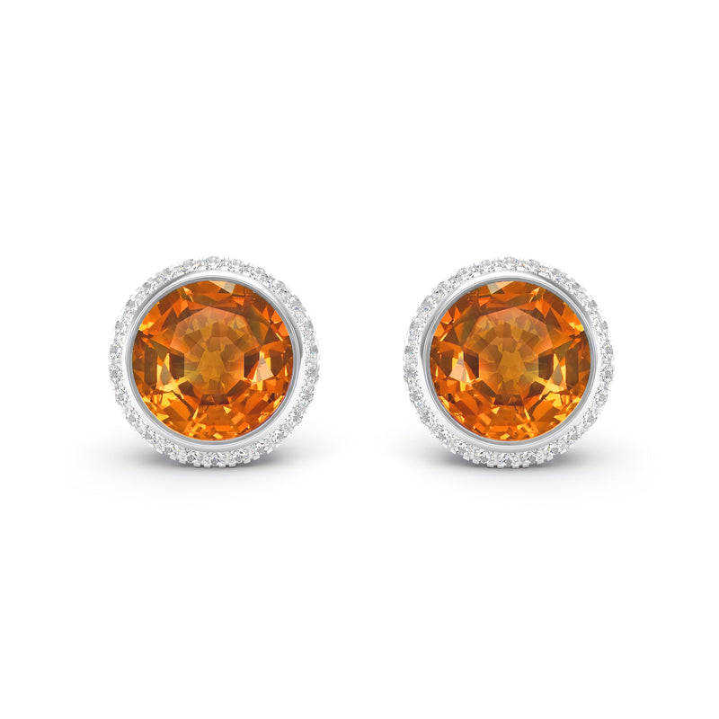 round spessartite garnet and diamond bezel set stud earrings 18k white gold ring