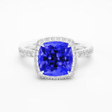 Cushion tanzanite and diamond 18k white gold engagement ring