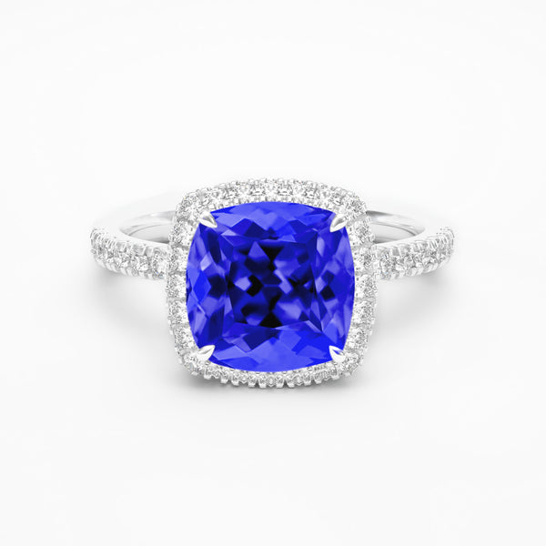 Cushion tanzanite and diamond 18k white gold engagement ring