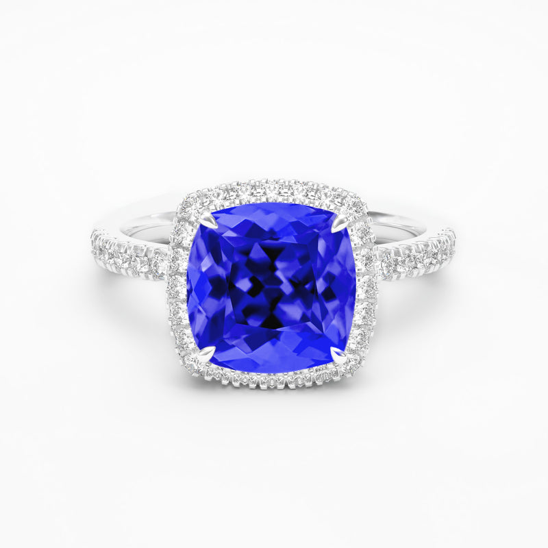 Cushion tanzanite and diamond 18k white gold engagement ring