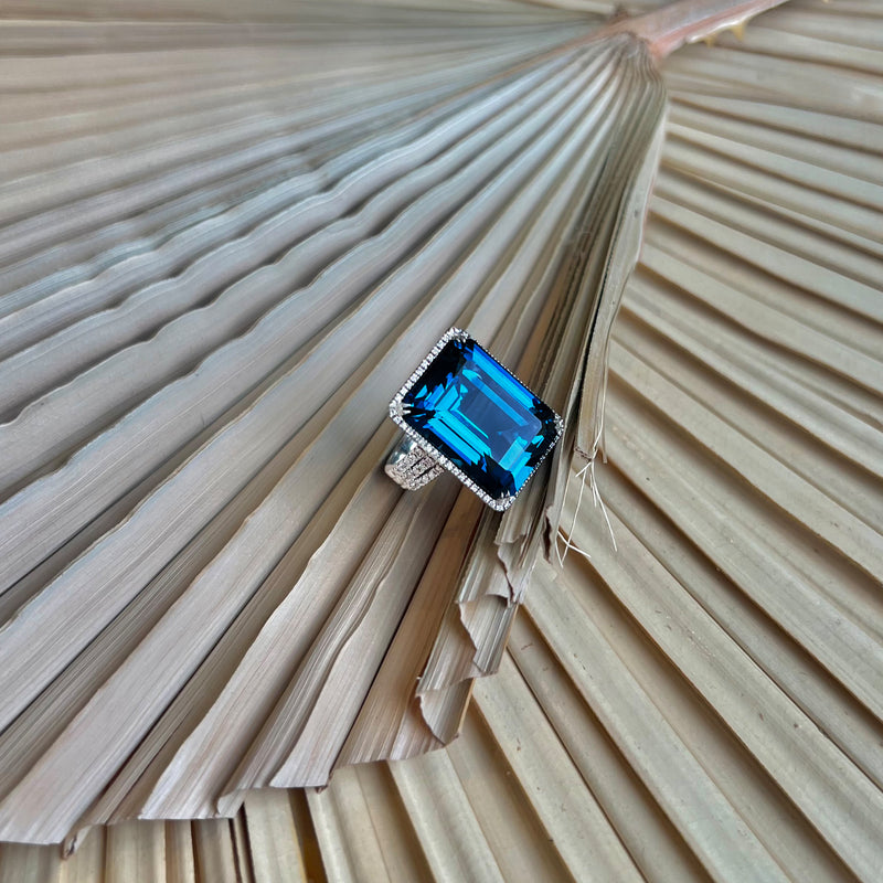 London Blue Topaz and Diamond Large Cocktail Ring, 18K White Gold