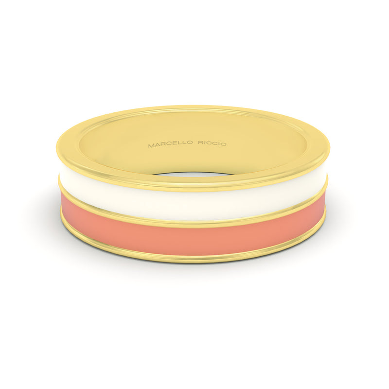 White and coral enamel double band ring in yellow gold