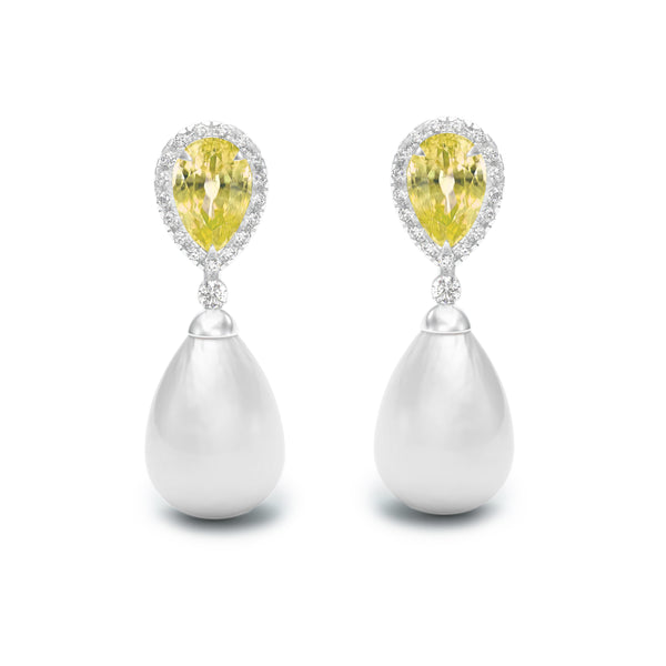 Yellow Sapphire, Diamond & Pearl Drop Earrings, White Gold