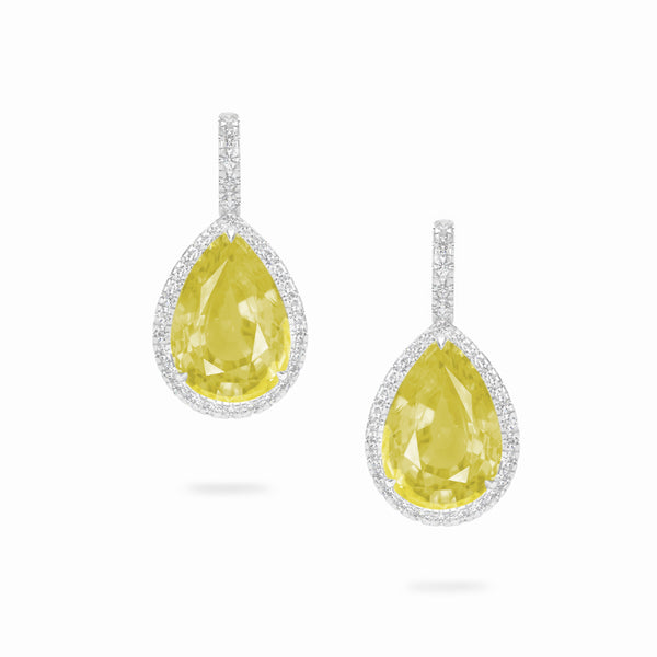 Pear yellow sapphire and diamonds drop 18k white gold earrings