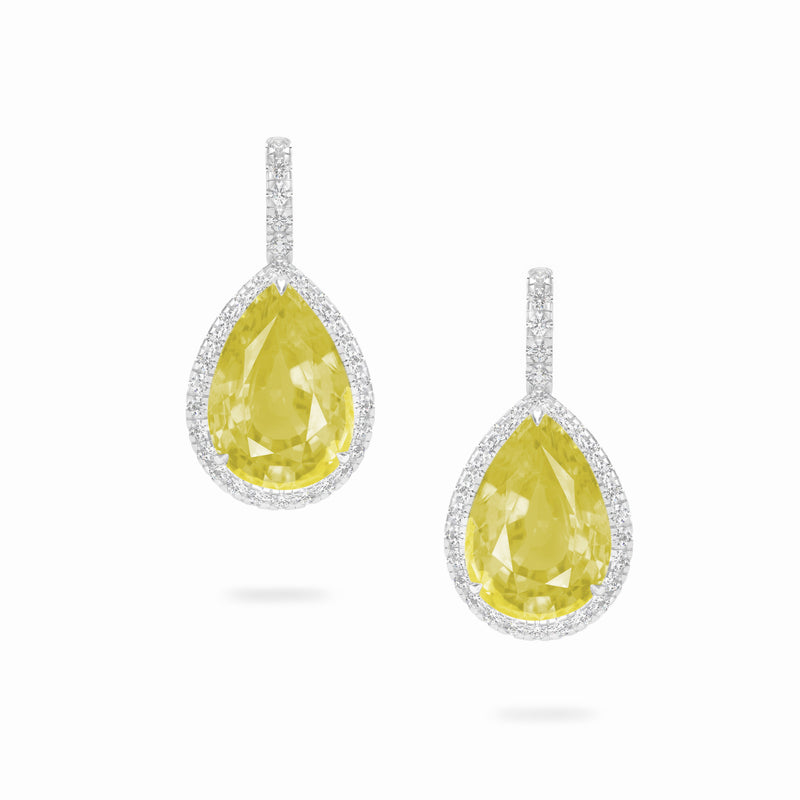 Pear yellow sapphire and diamonds drop 18k white gold earrings