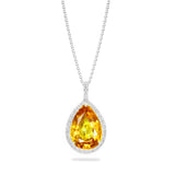 Pear yellow sapphire and diamond claw set 18k white gold necklace