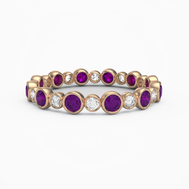 Amethyst & Diamond Bezel Set Eternity Ring in 18K Rose Gold