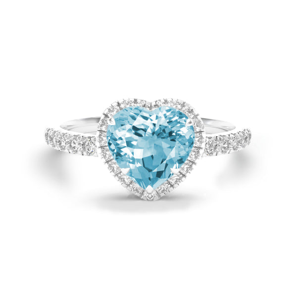 Heart shape aquamarine and diamonds halo ring in white gold