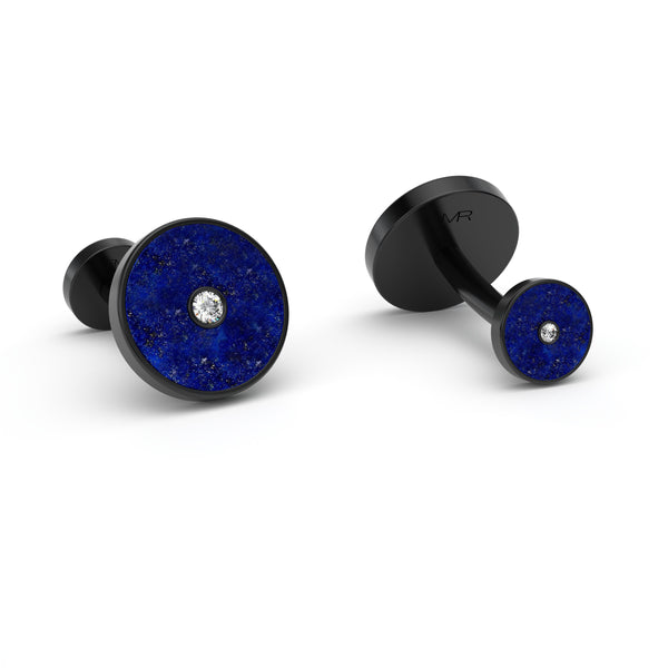 Lapis Lazuli and Diamonds Round Bezel Cufflinks, 18K Black Gold DLC